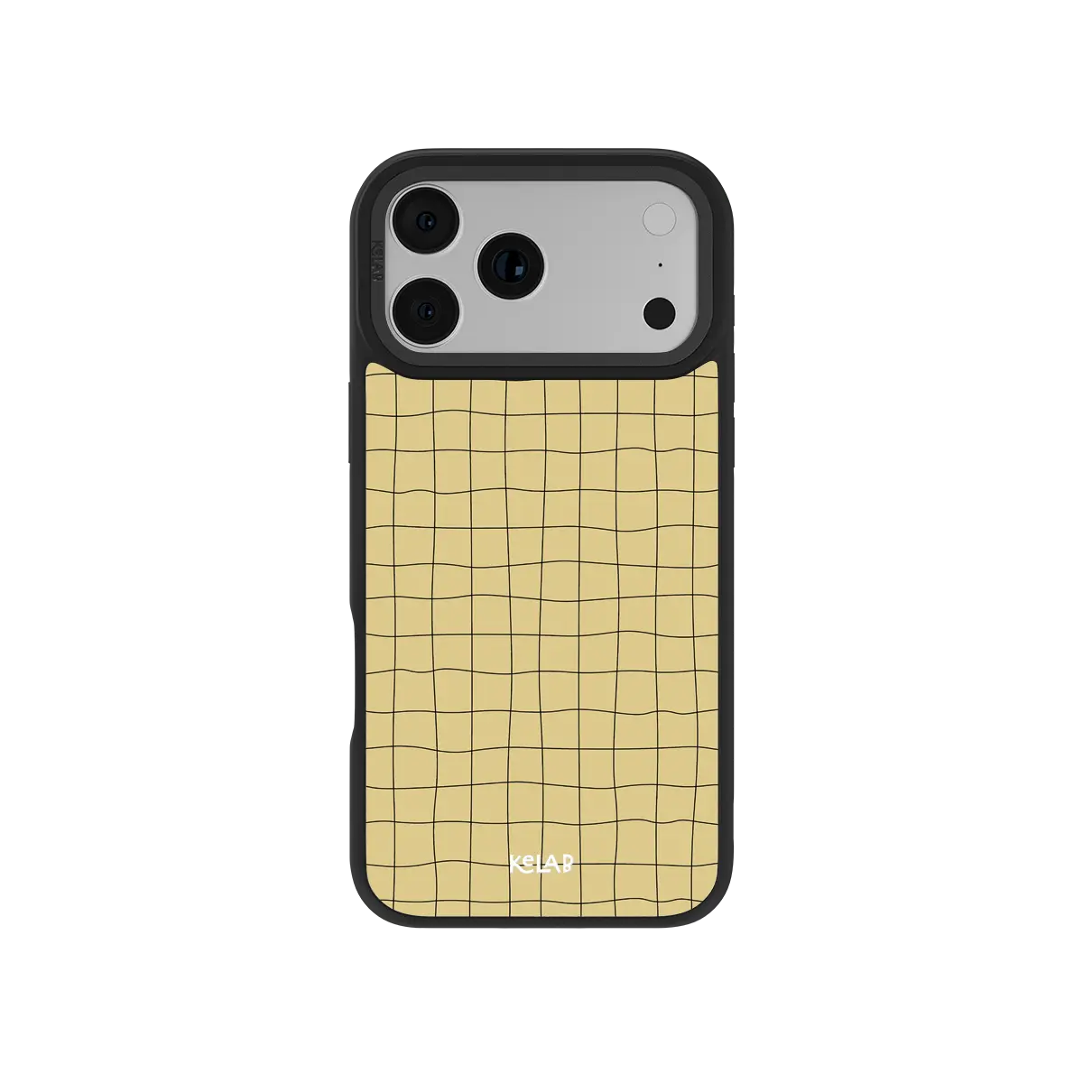 Butter yellow grid KELAB iPhone Case with wavy line pattern and camera openings