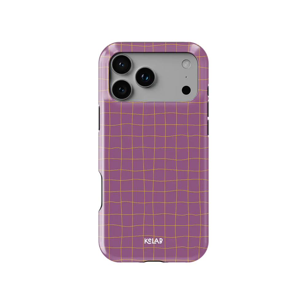 Coral Code pink yellow grid Tough iPhone case, front view showing the pattern.