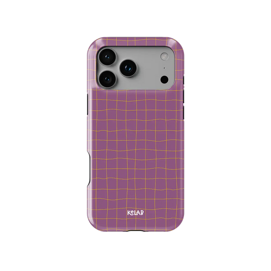 Coral Code pink yellow grid Tough iPhone case, front view showing the pattern.