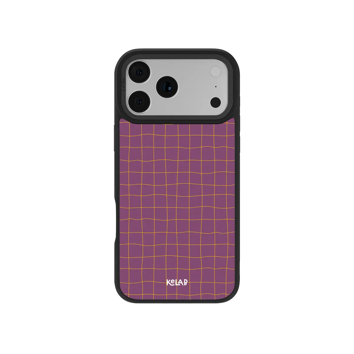 Purple grid KELAB iPhone Case with gold lines and camera openings