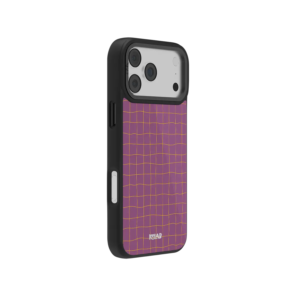 Grid iPhone Case in mauve with yellow lines, black frame, KELAB logo visible on case