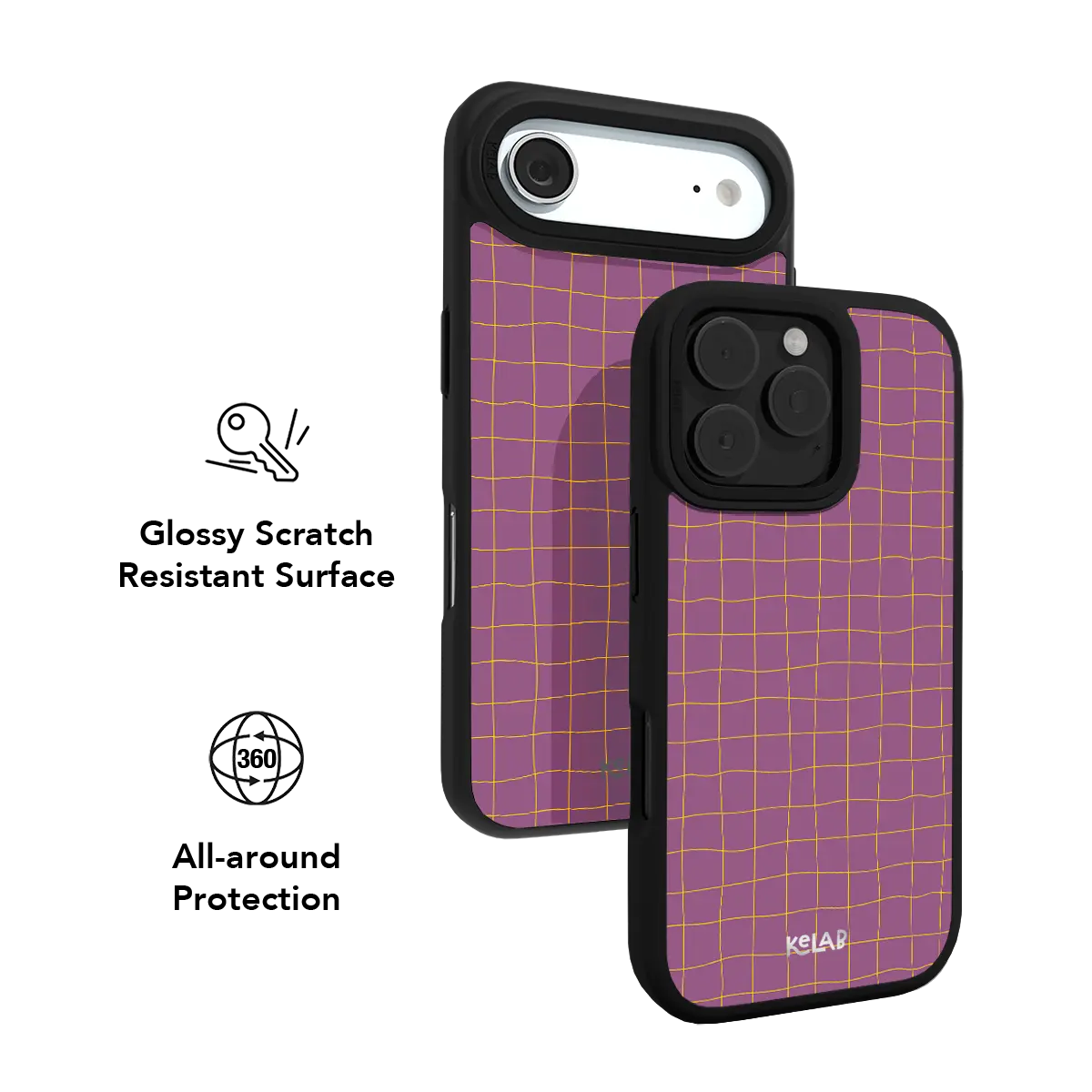 Purple grid pattern KELAB iPhone Case with black edges and yellow lines, dual case view