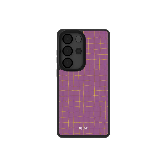 Pink grid Samsung Galaxy case, back view with saffron orange grid lines on mauve around the camera cutout