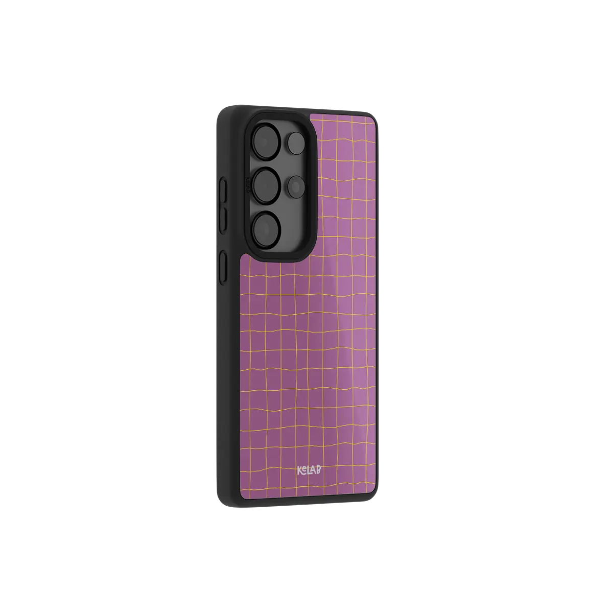 Pink grid Samsung Galaxy case at a side angle showing the wrapped button covers