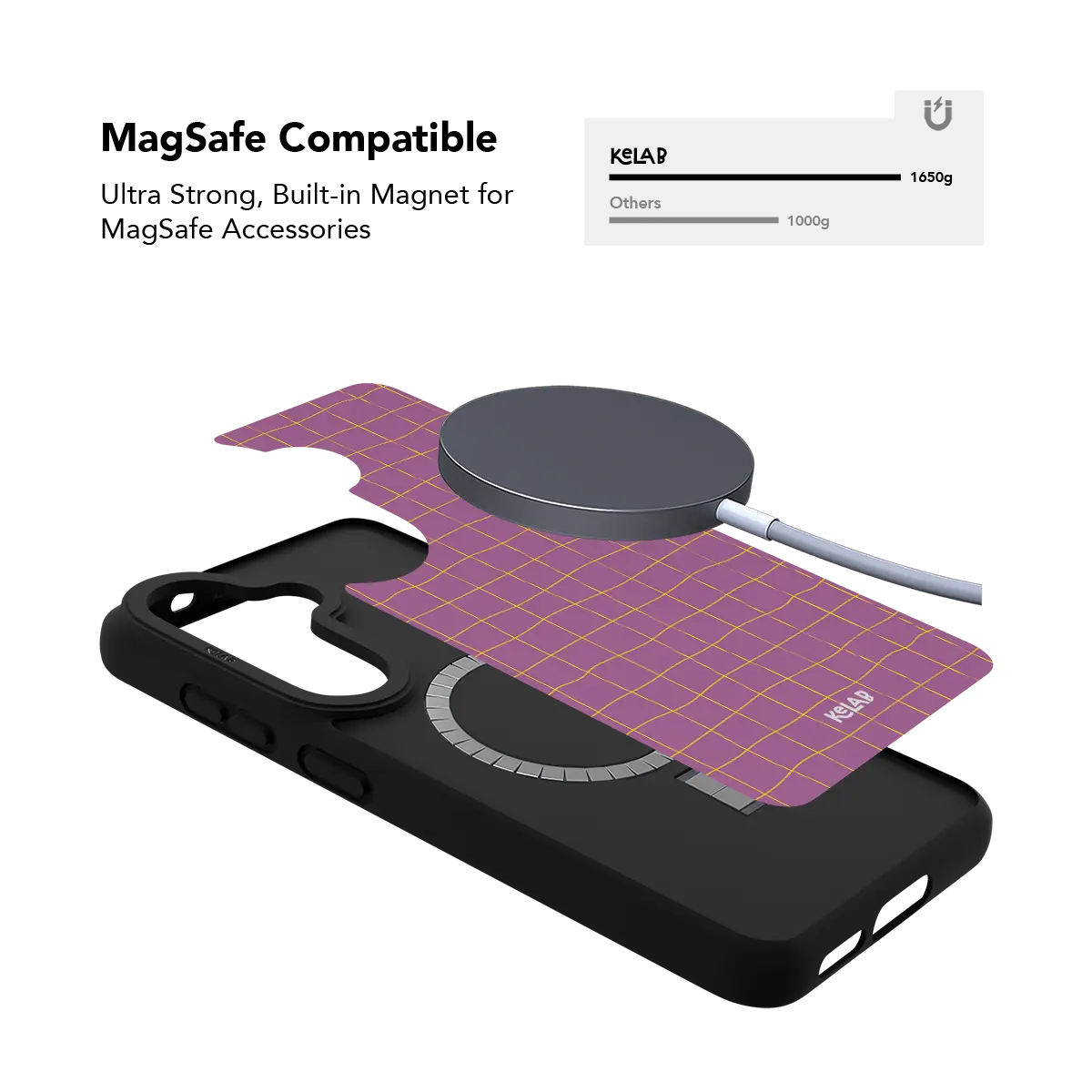 Pink grid Samsung Galaxy case holding a magnetic wireless charger through the built in ring