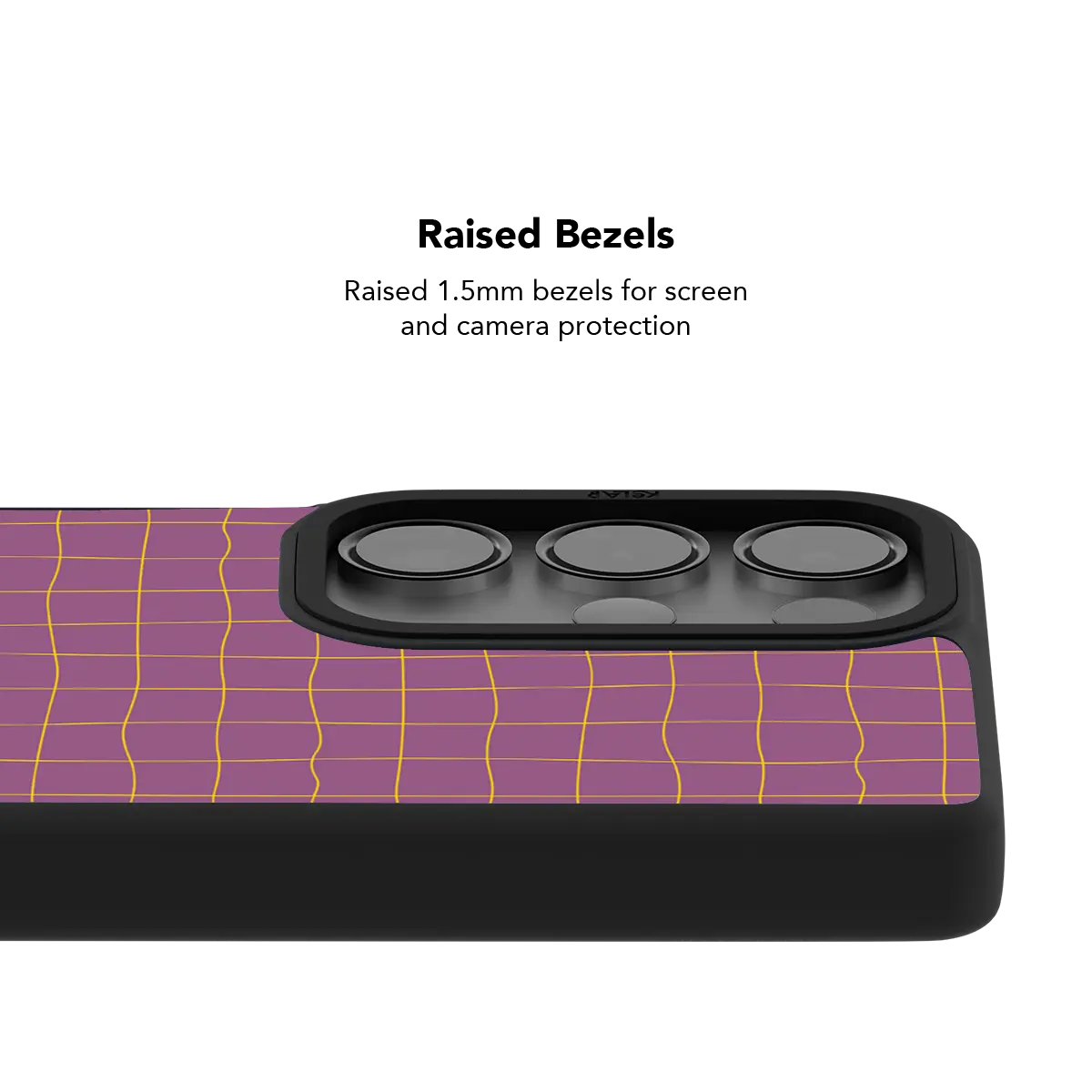 Raised bezel on the pink grid Galaxy case lifting the camera lenses clear of a flat surface