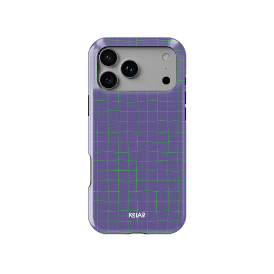 Violet Thread purple and green grid Tough iPhone case, front view showing the pattern.