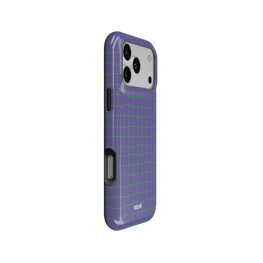 Violet Thread purple and green grid Tough iPhone case, side view showing the pattern wrapped around the shell.