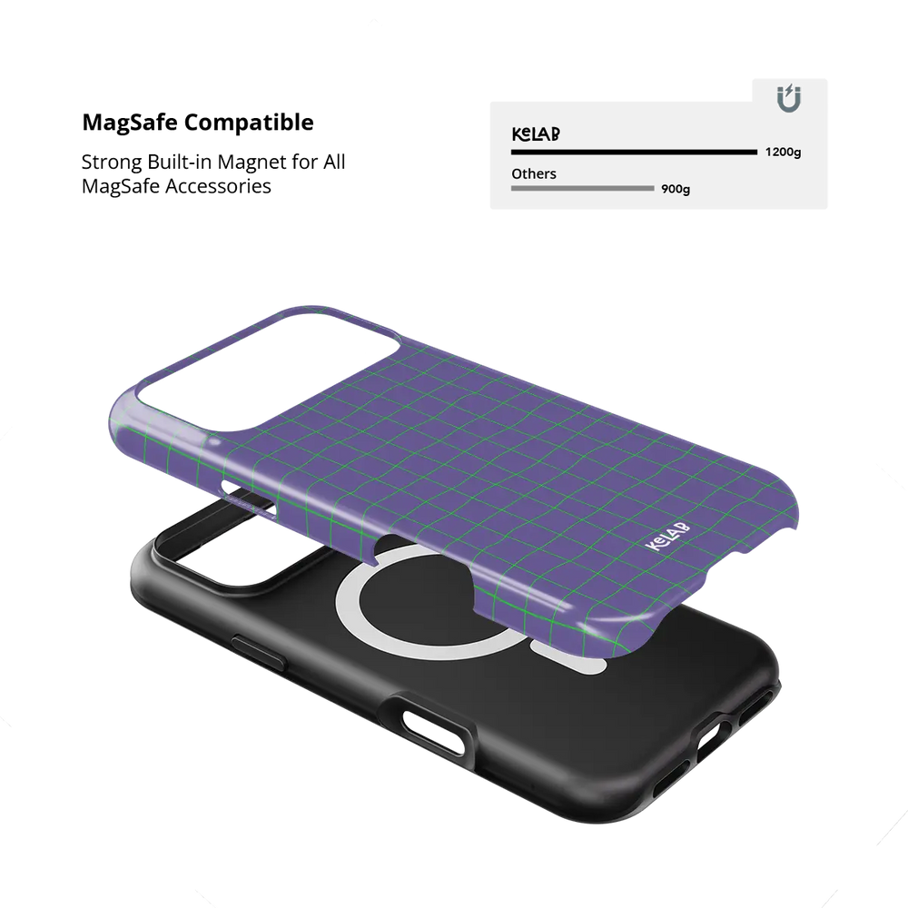 Violet Thread purple and green grid Tough iPhone case with built-in strong MagSafe magnets.