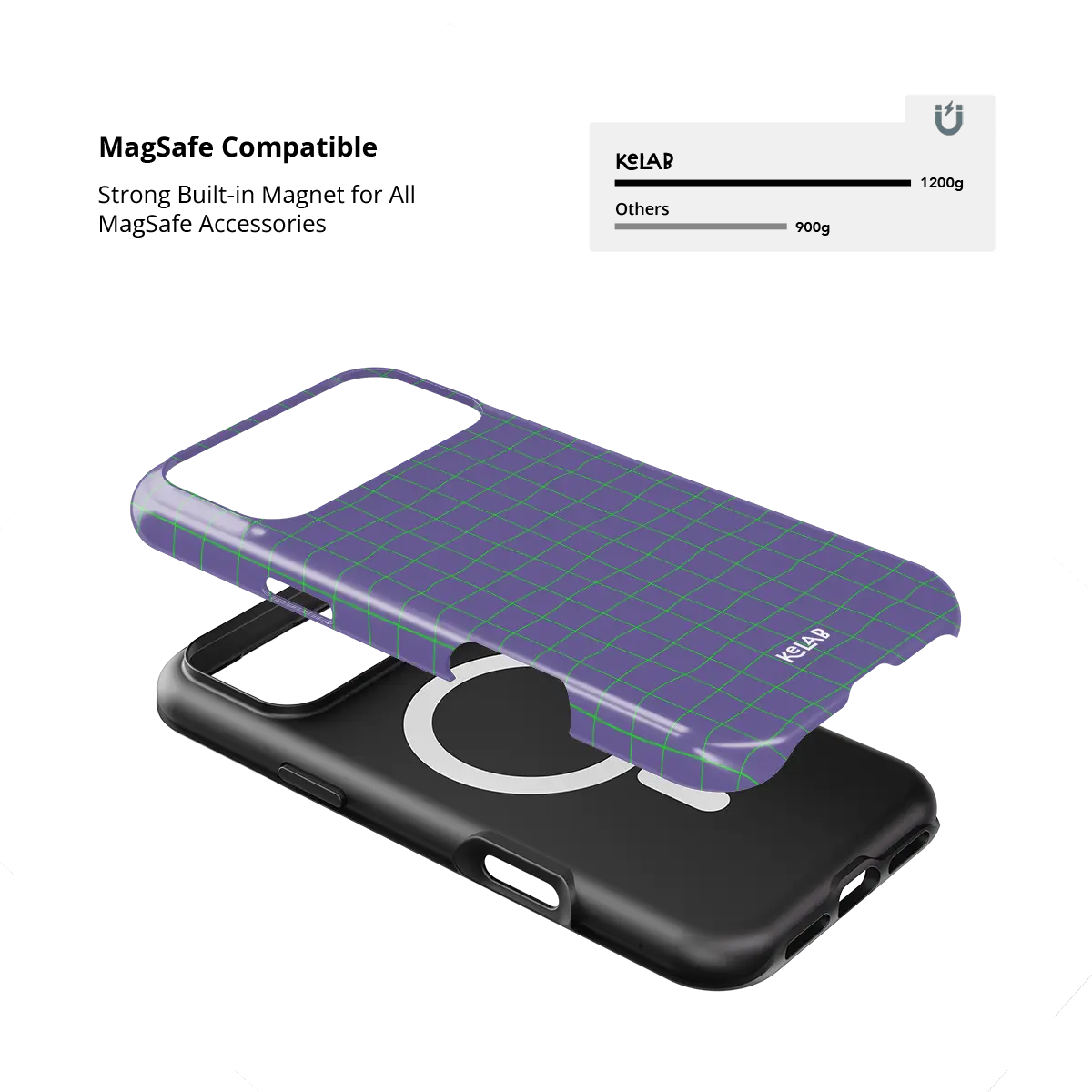 Violet Thread purple and green grid Tough iPhone case with built-in strong MagSafe magnets.