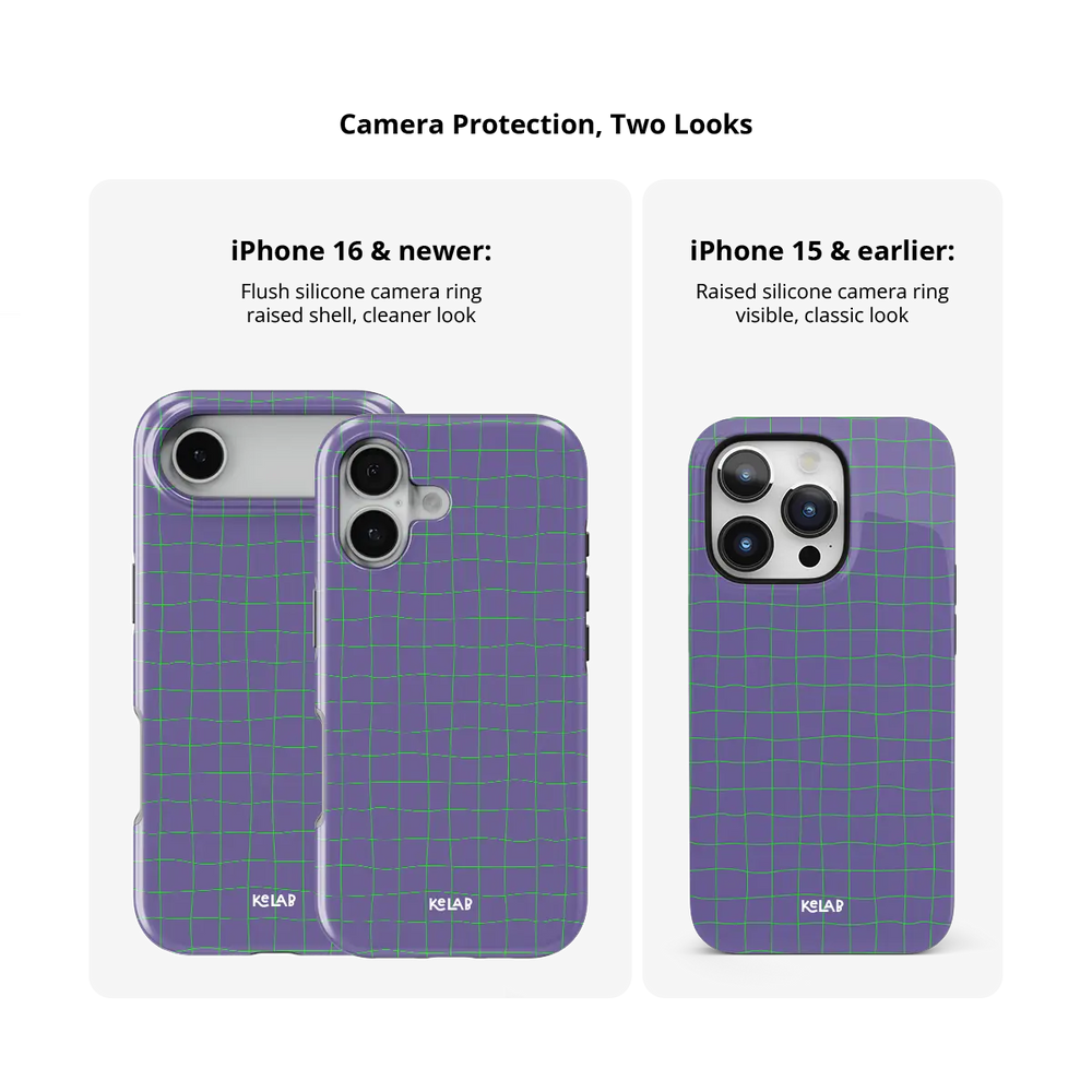 Violet Thread purple and green grid Tough iPhone case size comparison across iPhone 15 to 18 models.