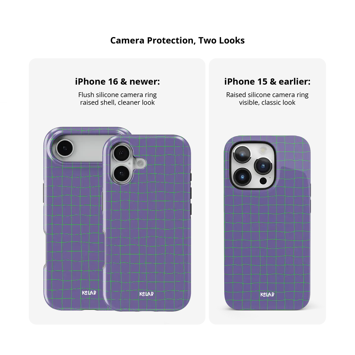 Violet Thread purple and green grid Tough iPhone case size comparison across iPhone 15 to 18 models.