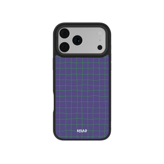 Purple KELAB iPhone Case with black trim and green grid pattern on the back