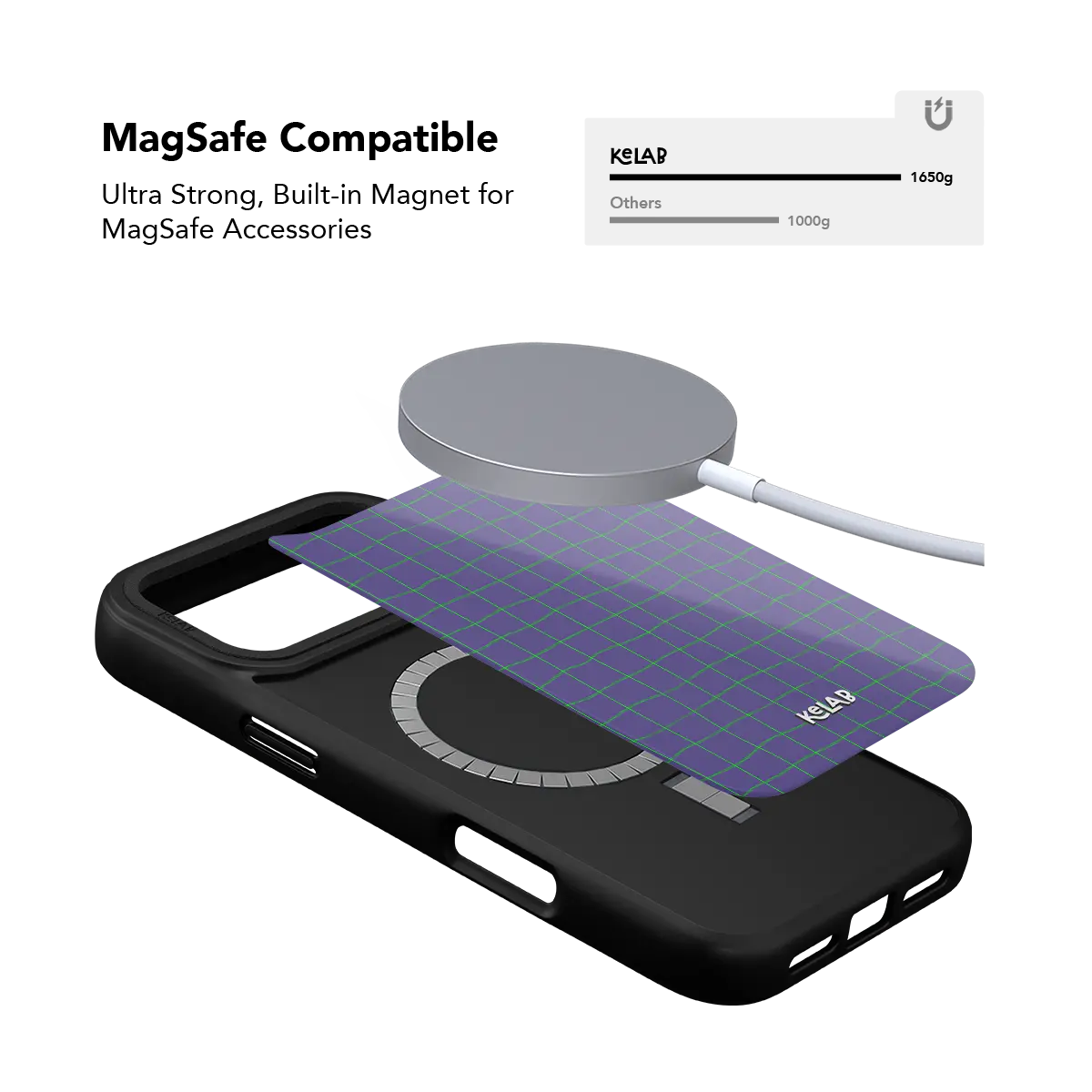 Purple grid KELAB iPhone Case black MagSafe cover with metal ring and brand logo
