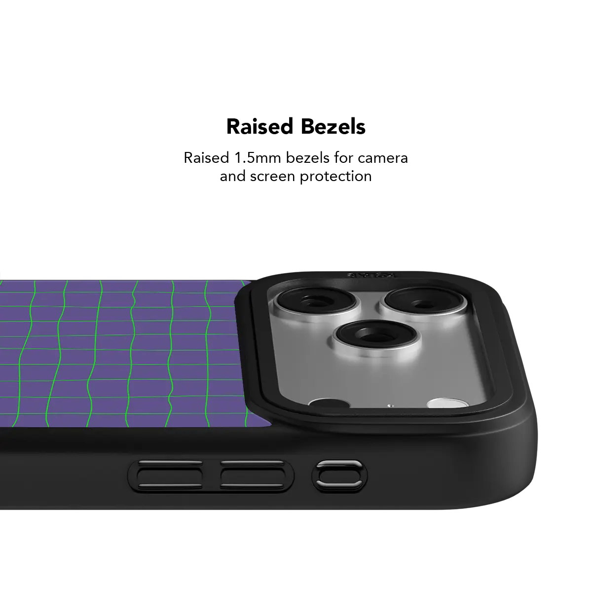 KELAB iPhone Case black case with triple camera openings and purple grid background