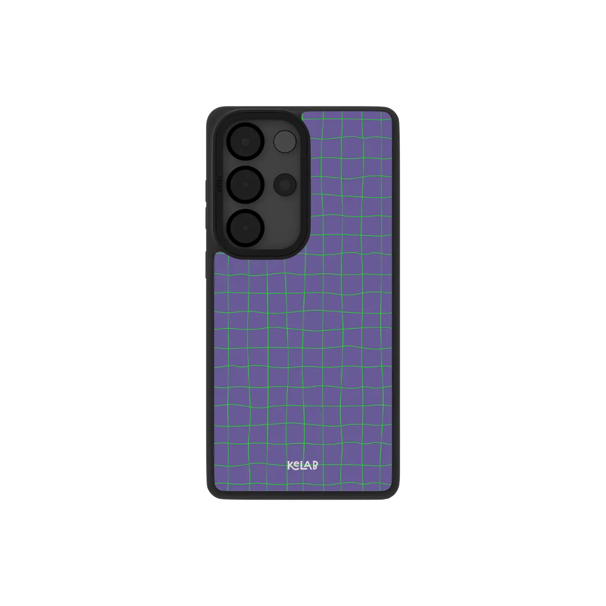 Purple grid Samsung Galaxy case, back view with neon green grid lines on lavender around the camera cutout