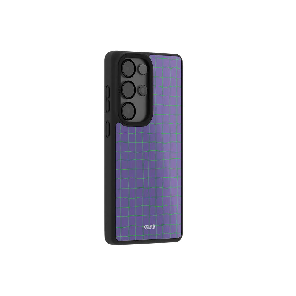 Purple grid Samsung Galaxy case at a side angle showing the wrapped button covers