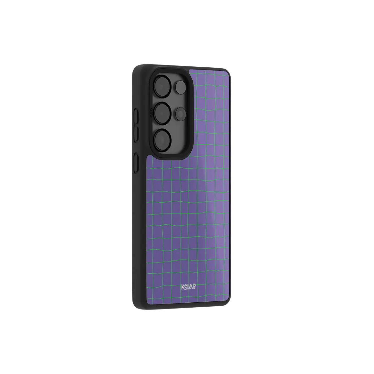 Purple grid Samsung Galaxy case at a side angle showing the wrapped button covers