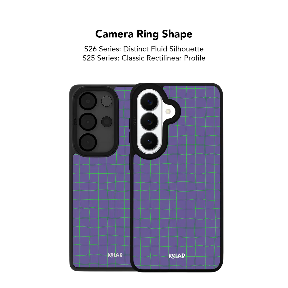 Close up of the camera ring cutout on the purple grid Samsung Galaxy case