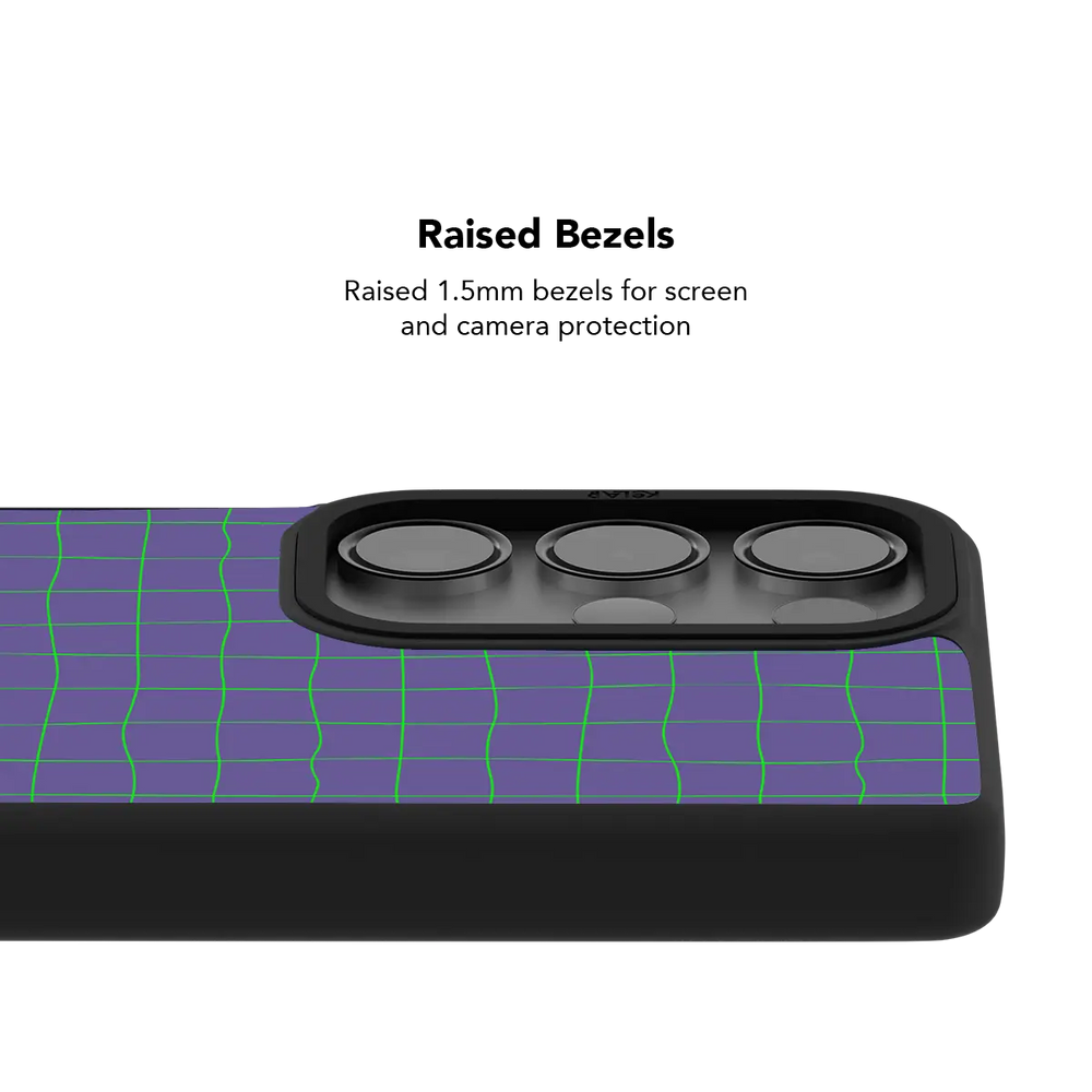 Raised bezel on the purple grid Galaxy case lifting the camera lenses clear of a flat surface