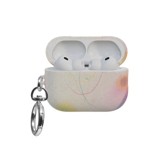 Purple Pastel Ombre Gradient Aesthetic airpods pro case front view with open lid and keychain