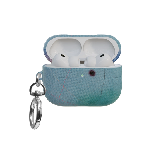 Blue Aura Ombre Gradient Aesthetic airpods pro case front view with open lid and keychain