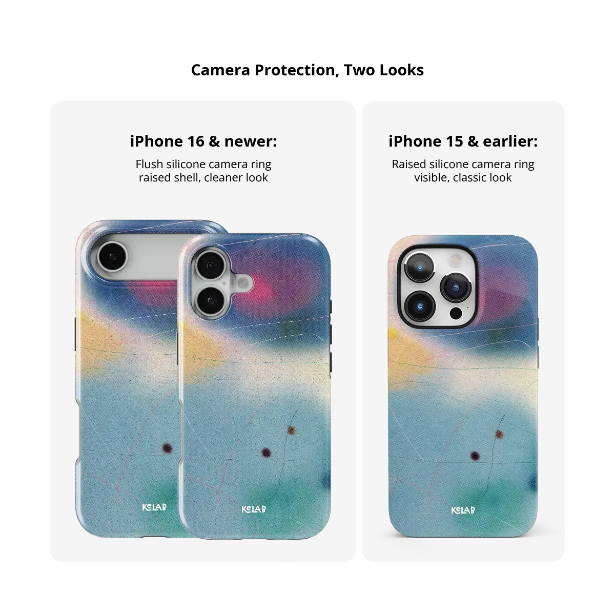 Serenity blue ombre aura gradient Bold iPhone case size comparison across iPhone 15 to 18 models.