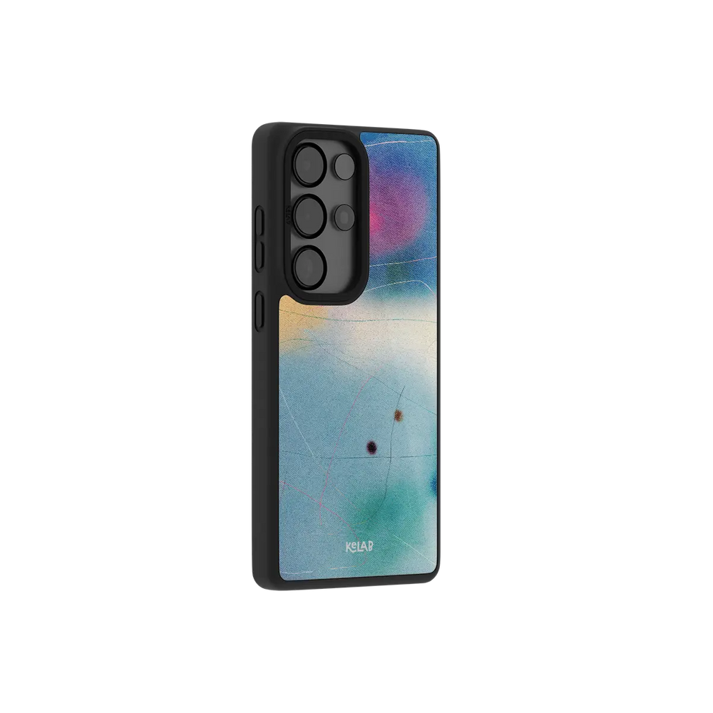 Blue aura gradient Samsung Galaxy case at a side angle showing the wrapped button covers