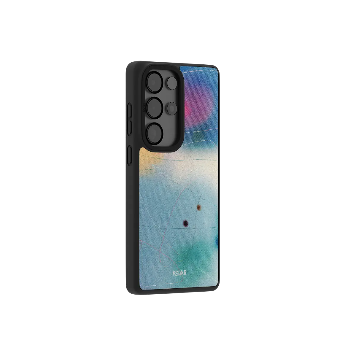 Blue aura gradient Samsung Galaxy case at a side angle showing the wrapped button covers
