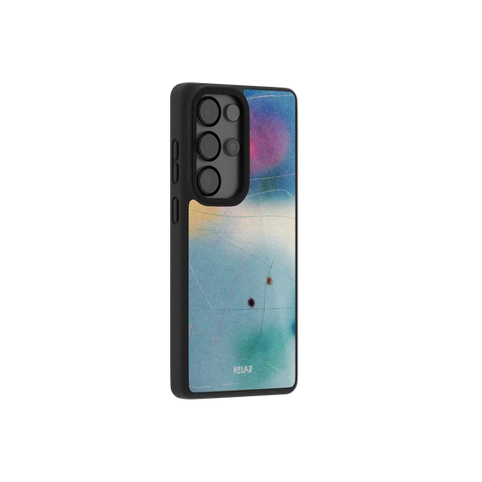 Blue aura gradient Samsung Galaxy case at a side angle showing the wrapped button covers