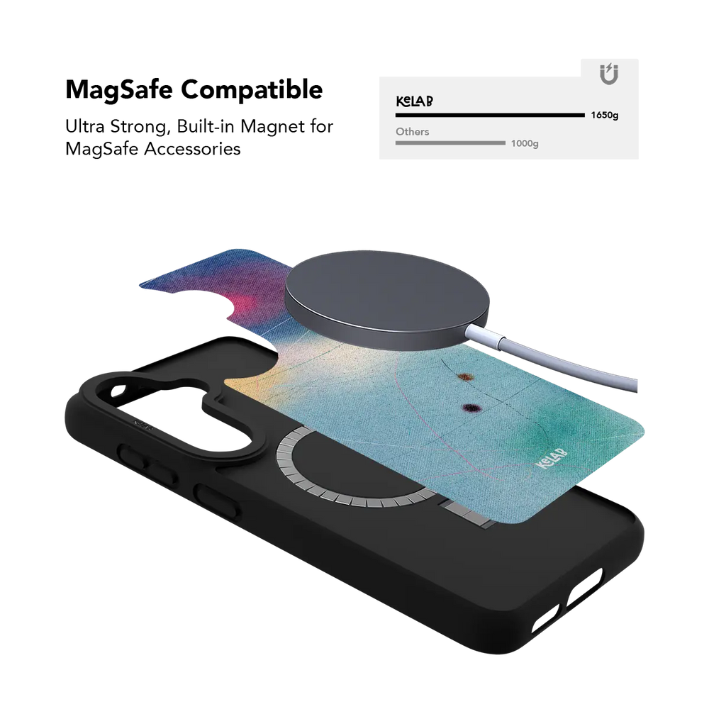 Blue aura gradient Samsung Galaxy case holding a magnetic wireless charger through the built in ring