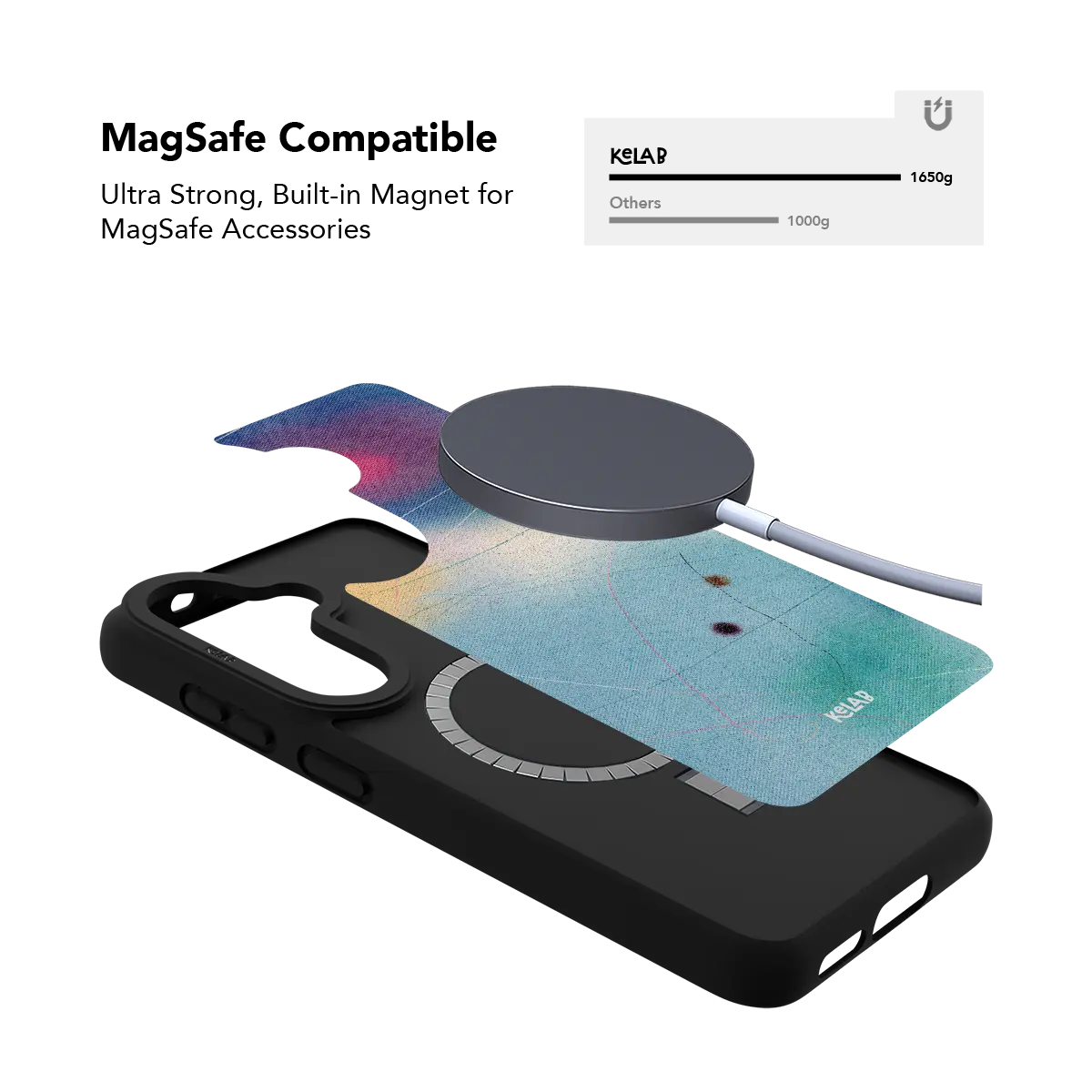 Blue aura gradient Samsung Galaxy case holding a magnetic wireless charger through the built in ring