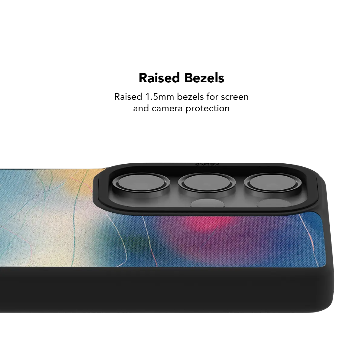 Raised bezel on the blue aura gradient Galaxy case lifting the camera lenses clear of a flat surface