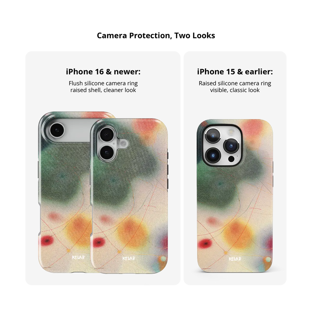 Green Aura Gradient Cute iPhone Case, camera protection and iPhone model size comparison