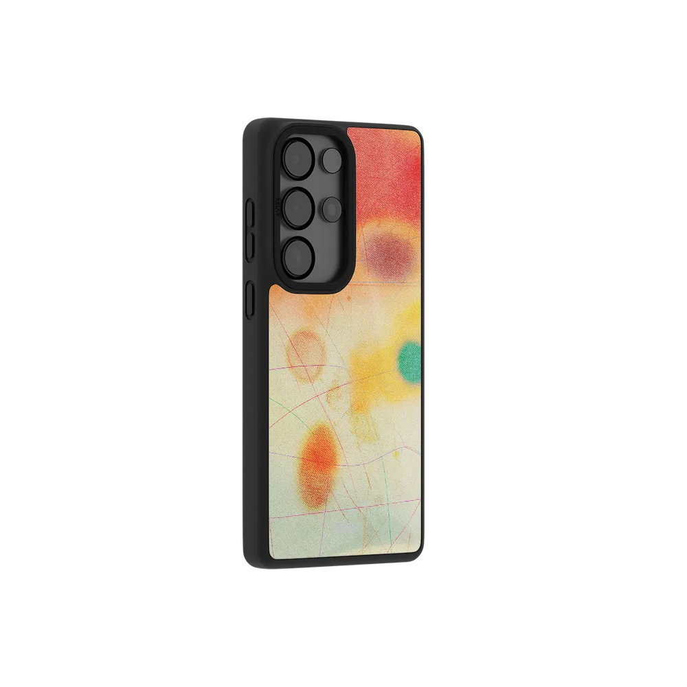 Red aura gradient Samsung Galaxy case at a side angle showing the wrapped button covers