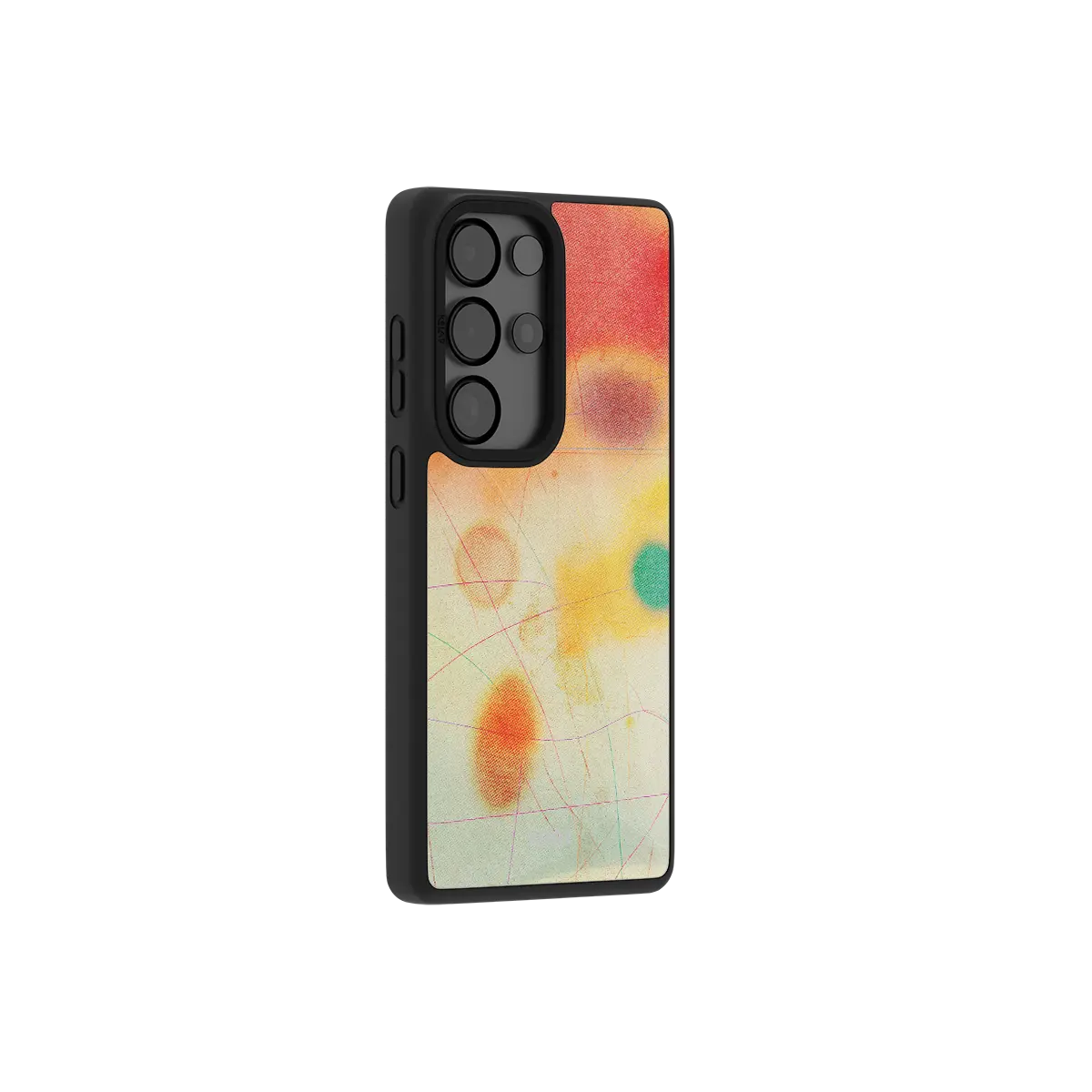 Red aura gradient Samsung Galaxy case at a side angle showing the wrapped button covers
