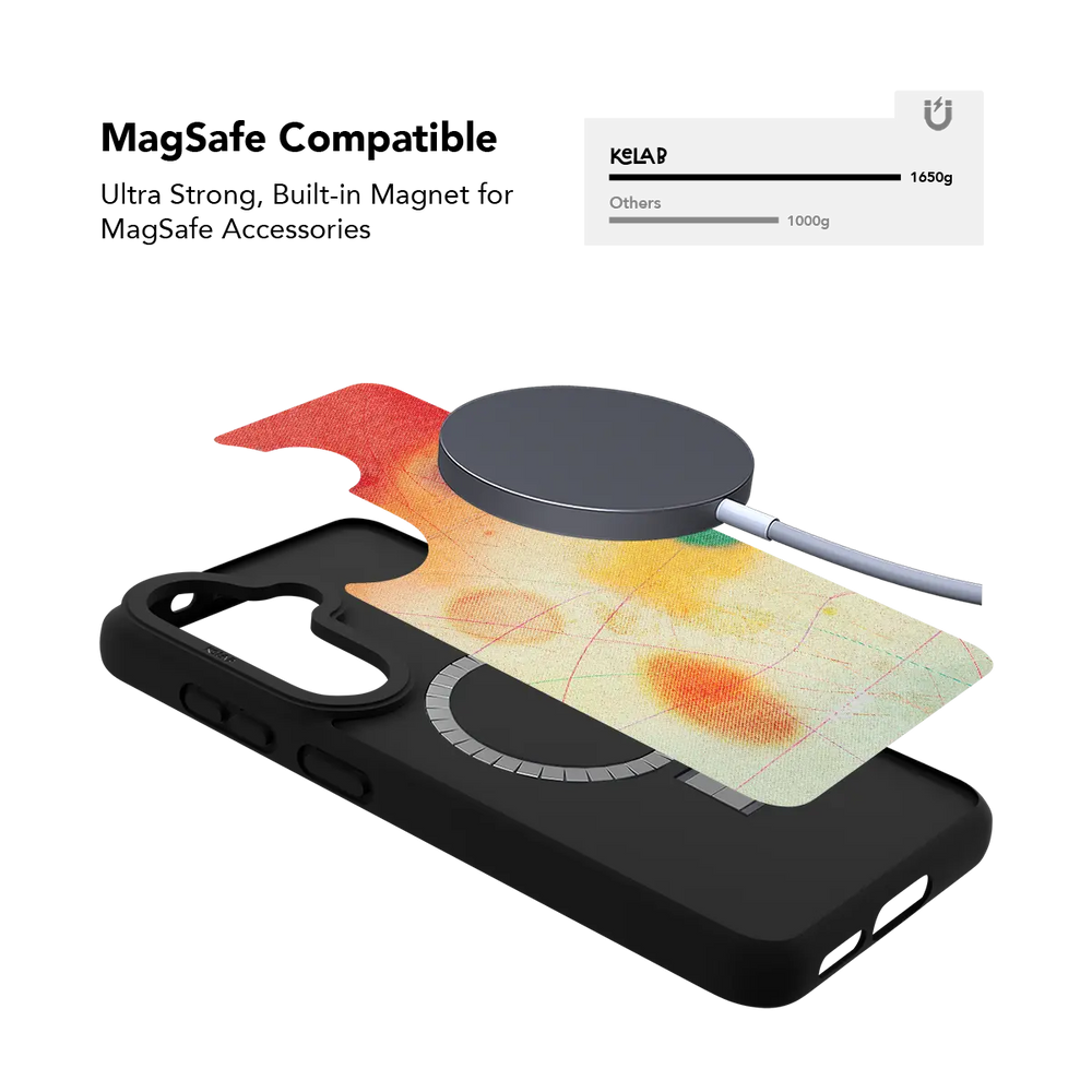 Red aura gradient Samsung Galaxy case holding a magnetic wireless charger through the built in ring
