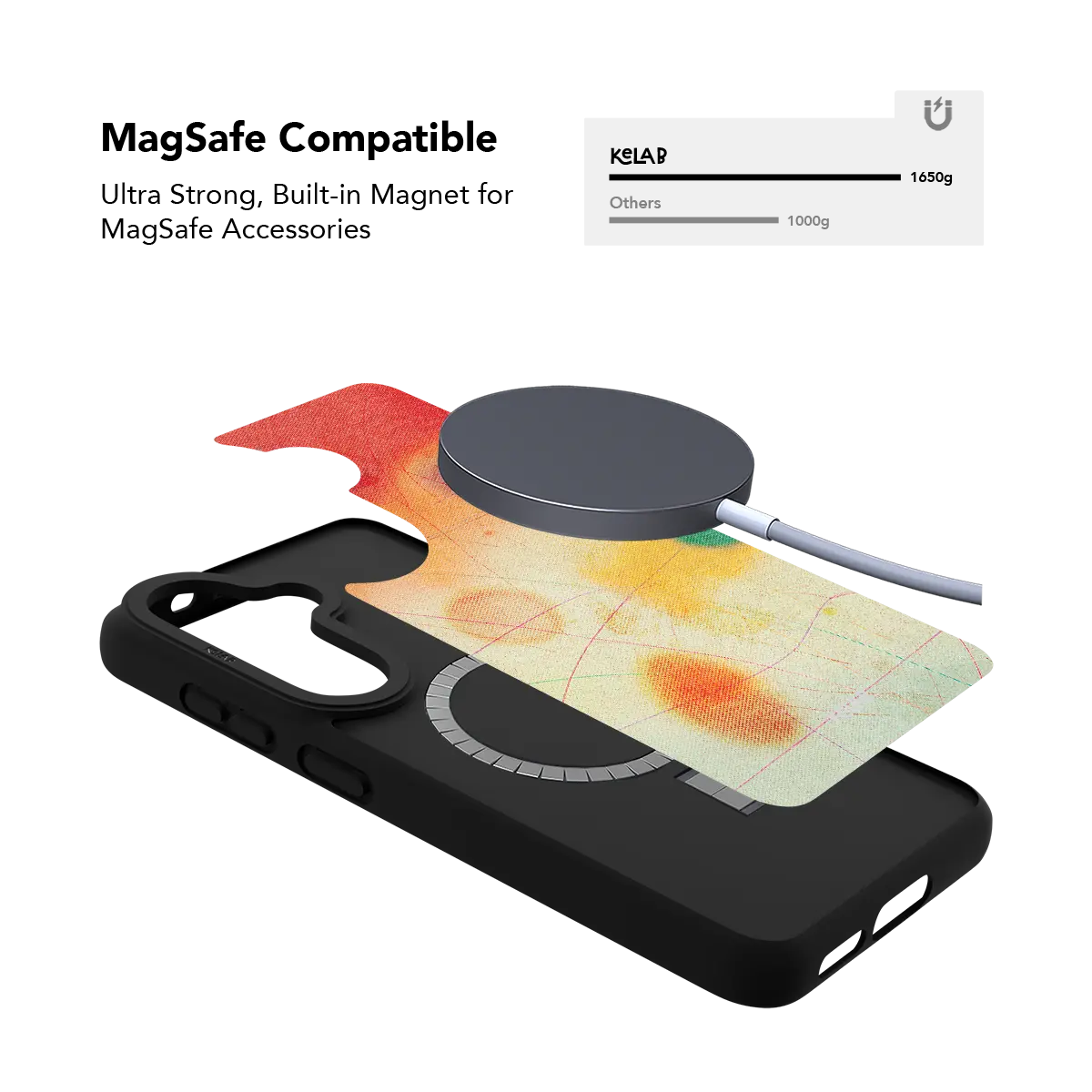 Red aura gradient Samsung Galaxy case holding a magnetic wireless charger through the built in ring