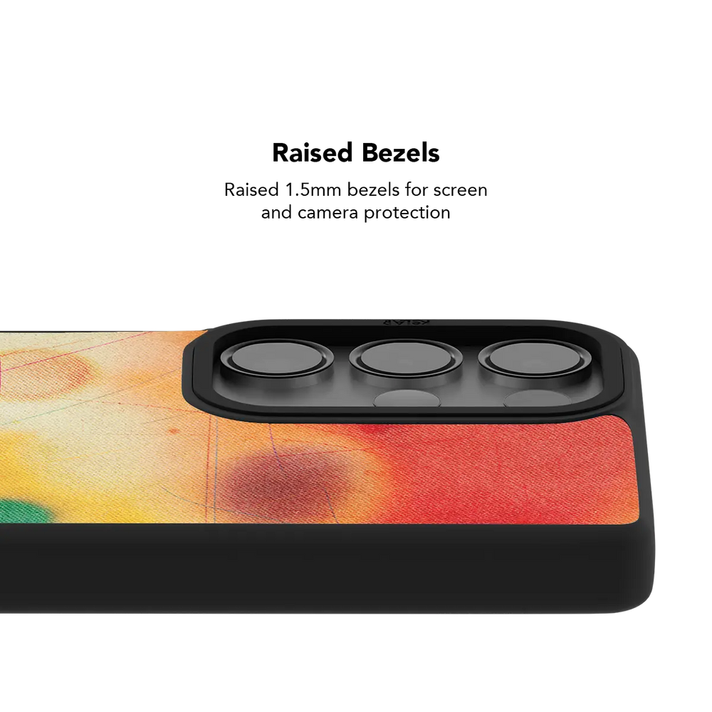 Raised bezel on the red aura gradient Galaxy case lifting the camera lenses clear of a flat surface