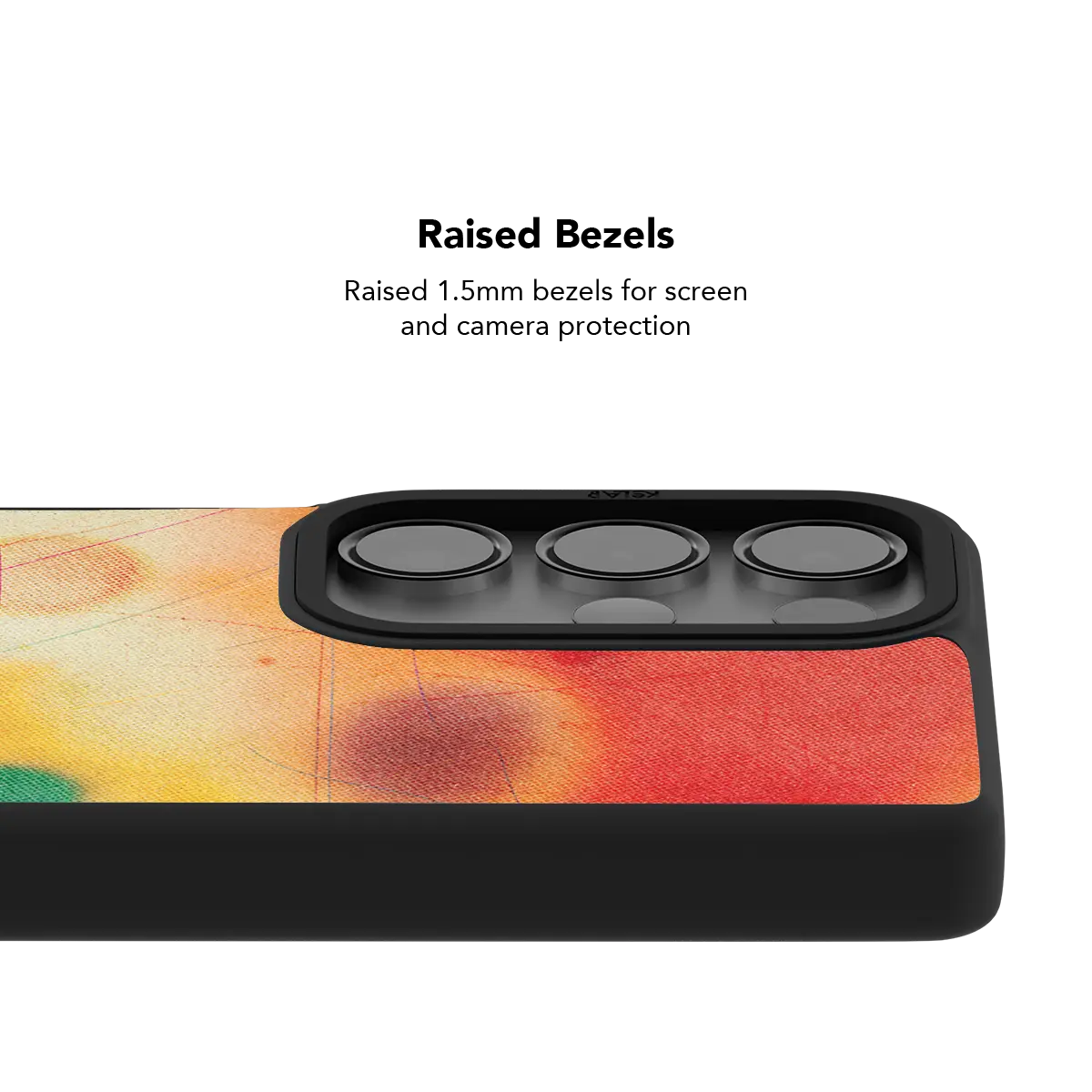 Raised bezel on the red aura gradient Galaxy case lifting the camera lenses clear of a flat surface