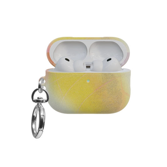 Pink Orange Ombre Dopamine Gradient airpods pro case front view with open lid and keychain