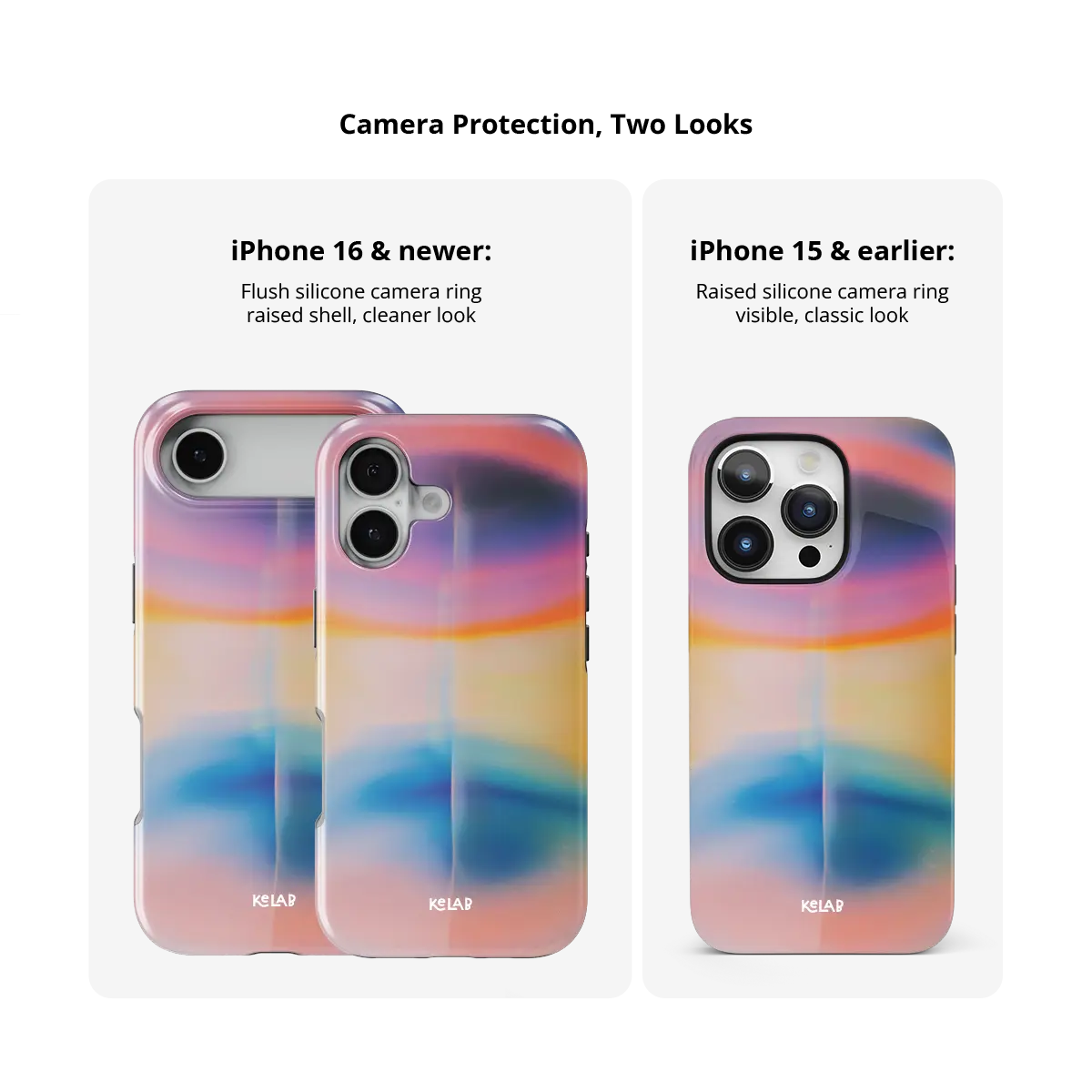 Dream Prism pastel gradient aura Tough iPhone case size comparison across iPhone 15 to 18 models.