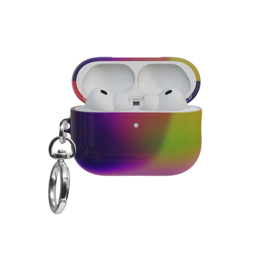 Dark Purple Aura Gradient Witchy airpods pro case front view with open lid and keychain