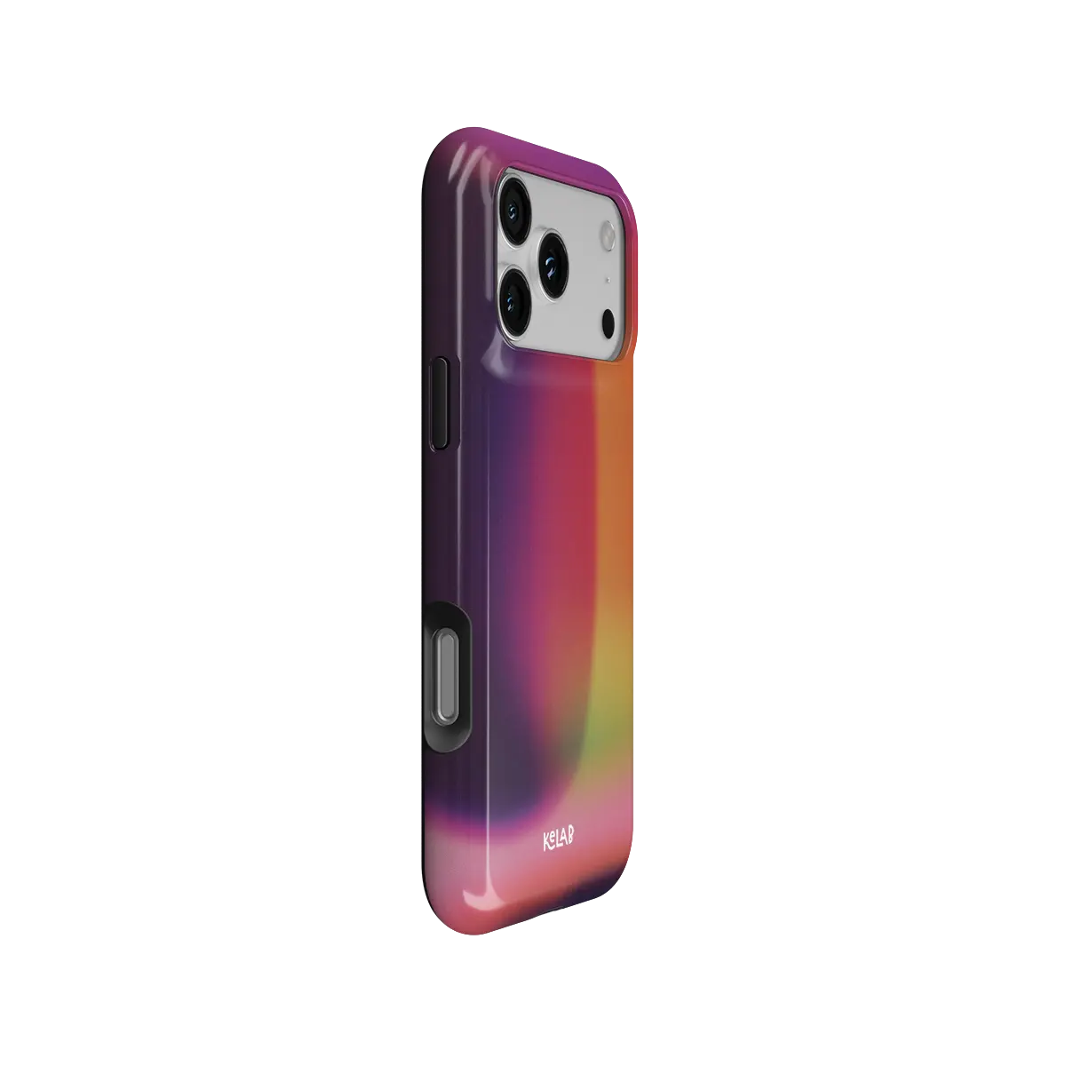 Lucid Ember purple gradient aura Tough iPhone case, side view showing the pattern wrapped around the shell.