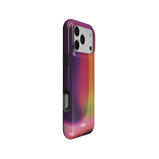 Lucid Ember purple gradient aura Tough iPhone case, side view showing the pattern wrapped around the shell.