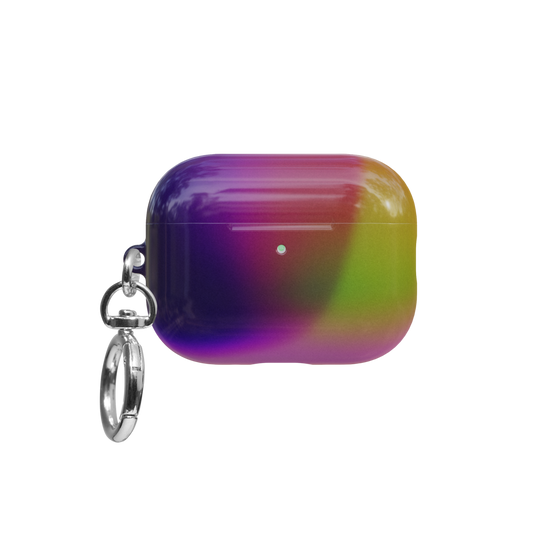 Dark Purple Aura Gradient Witchy airpods pro case front view with closed lid and keychain