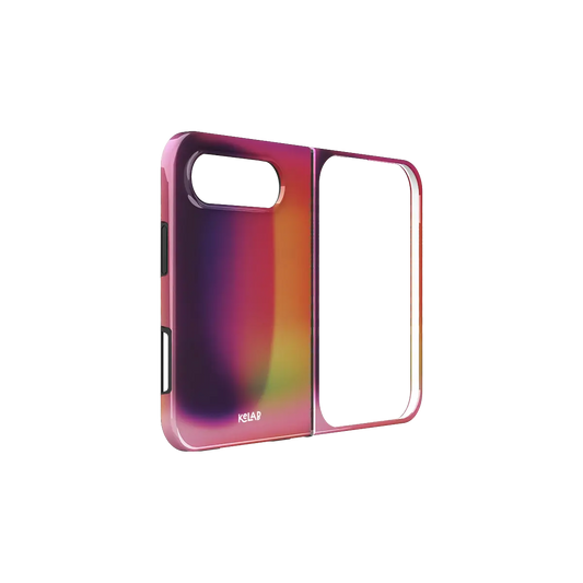 Purple Gradient Aura, Moody Dark iPhone 18 Fold Case, unfolded side view showing the hinge