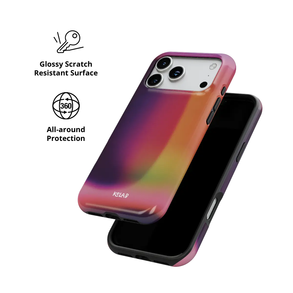 Lucid Ember purple gradient aura Tough iPhone case with glossy, scratch resistant all-around protection.