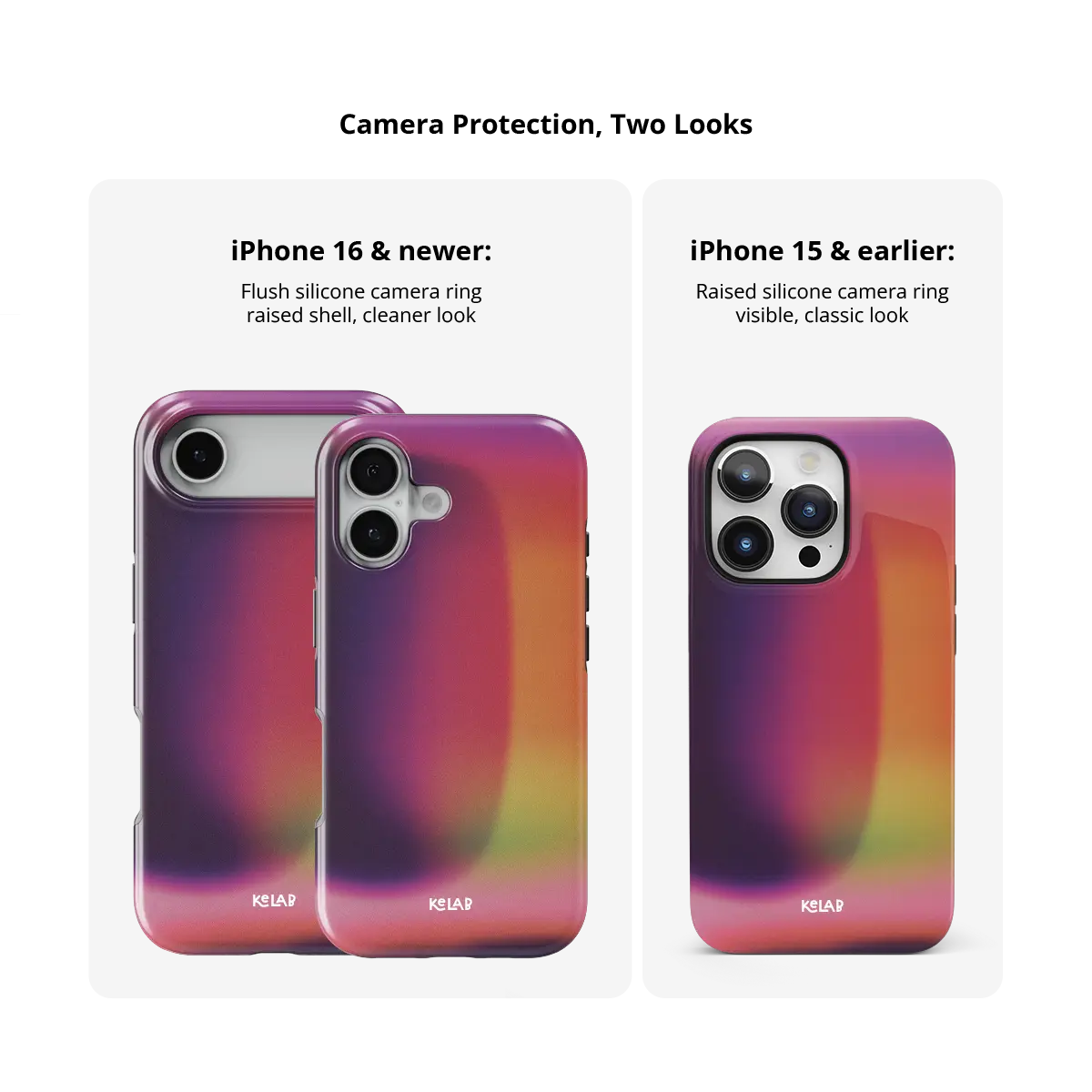 Lucid Ember purple gradient aura Tough iPhone case size comparison across iPhone 15 to 18 models.