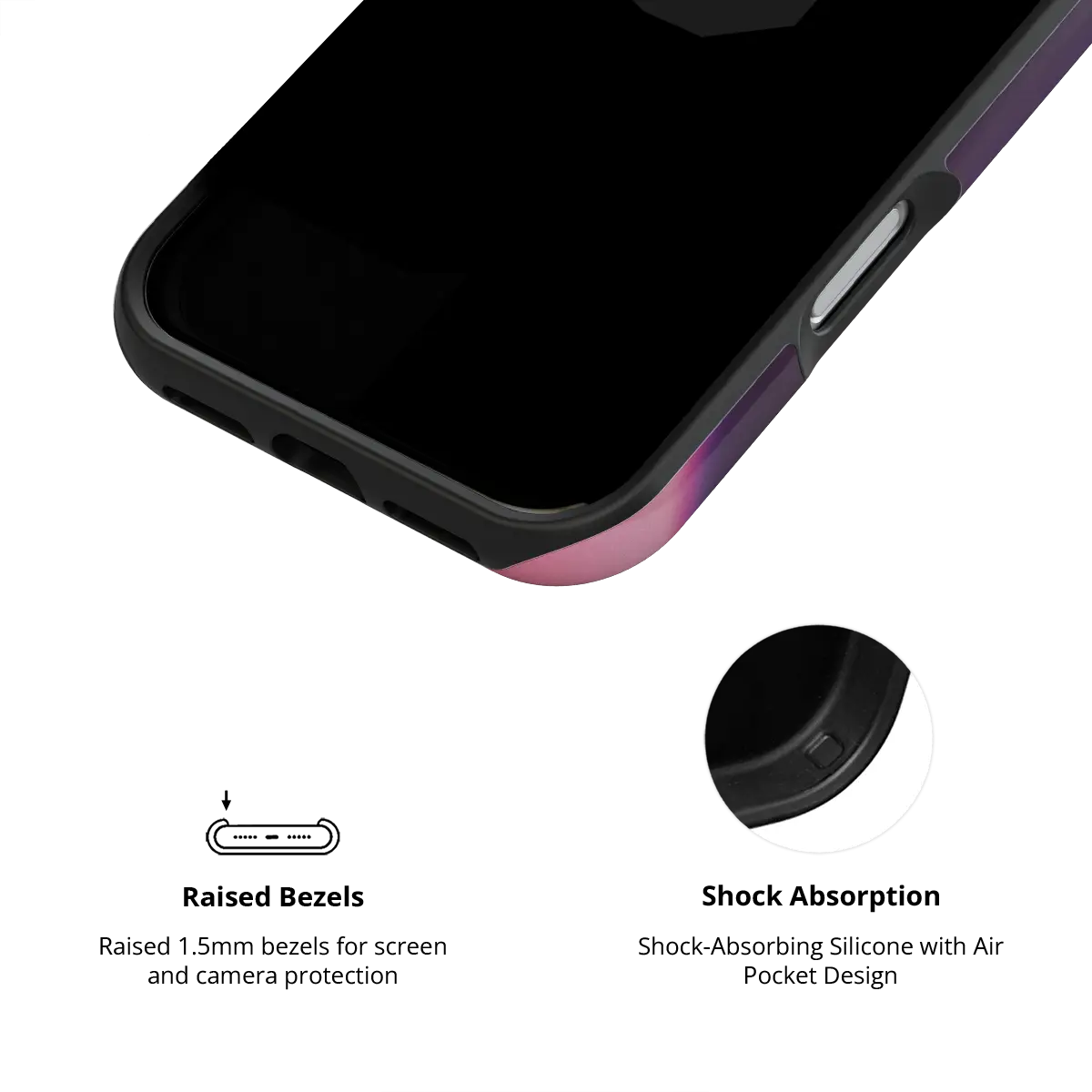 Lucid Ember purple gradient aura Tough iPhone case inner view showing shock-absorbing drop protection.